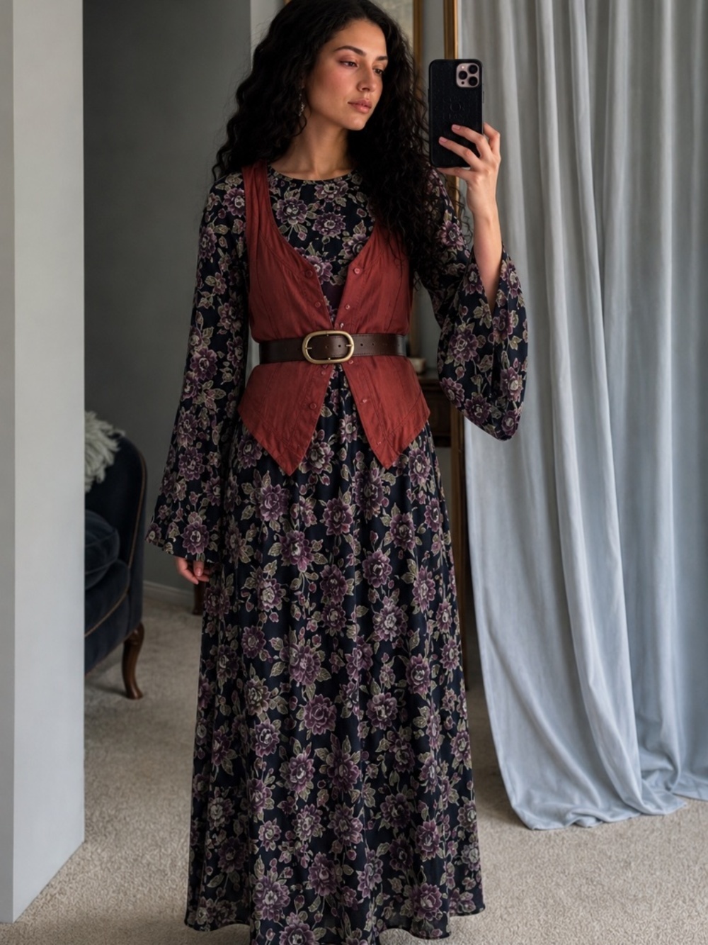 90s Cotton Ginny Maxi Floral Dress Size Large Moody Boho